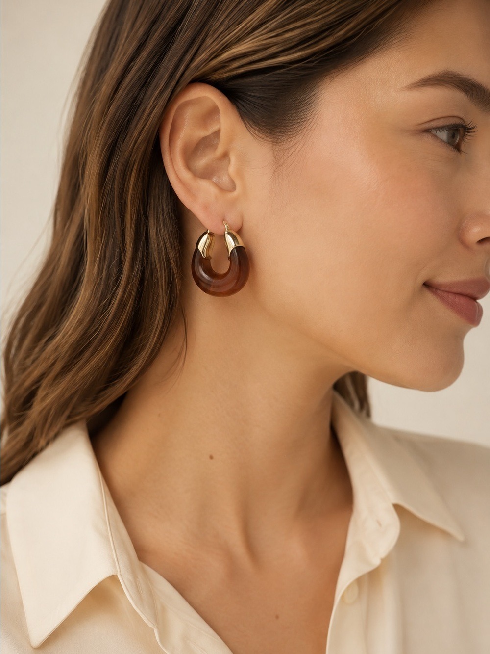 Mayamar Amber Brown Resin 24K plated Accent Chunky Hoop Earrings